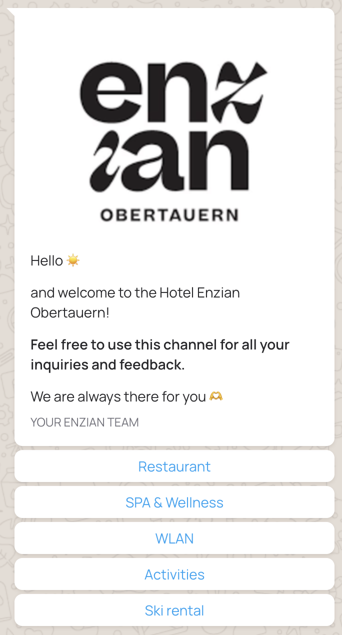 Post check-in welcome message with amenity buttons