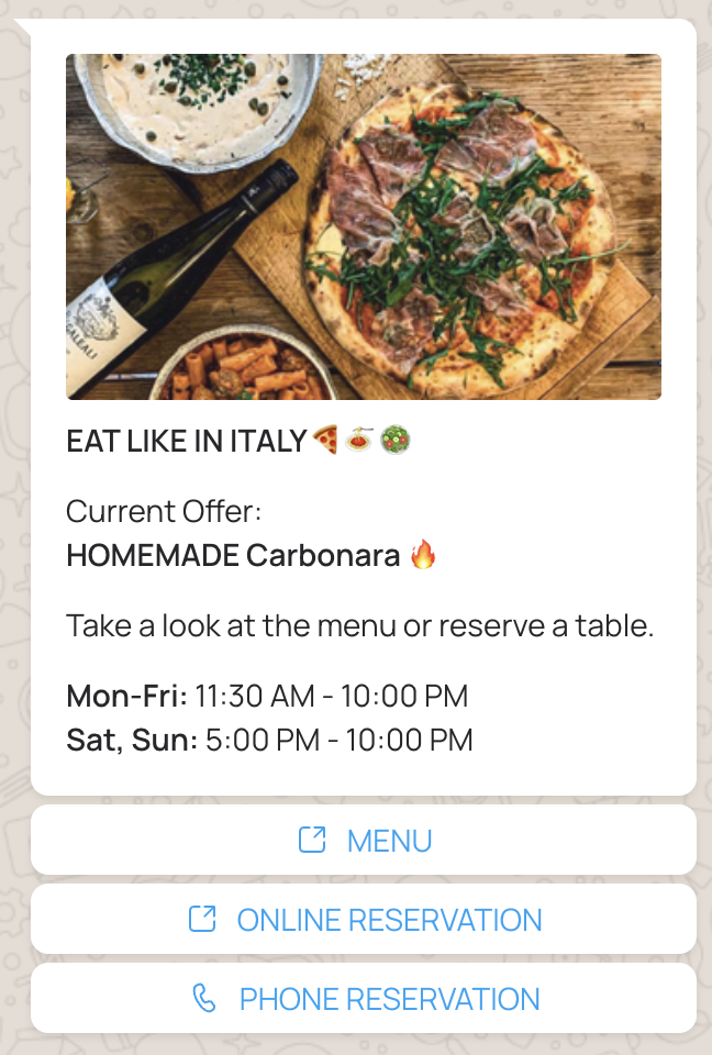 Restaurant promotion with menu and reservation buttons